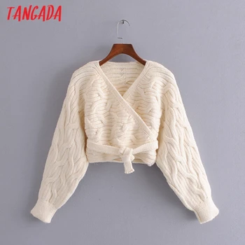 Tangada Sieviešu Bēša Vērpjot Jaka Vintage Džemperis ar Slīpsvītru Loku Īss Stila Trikotāžas Jaka Mētelis 3H108