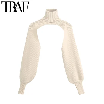 TRAF Sieviešu Modes Roku Sildītāji Apgriezts Adītas Vintage Džemperis ar Augstu Apkakli, garām Piedurknēm, Sieviešu Džemperi Šiks Topi