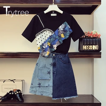 Trytree 2020. gada Vasaras Sievietes Divas Gabals, kas Gadījuma O-veida kakla Raibs Drukāt Ruffles T-krekls, Tops + Svārki Star-line Mini 2 Gabals, kas