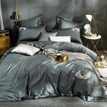 Tumši Pelēka sega sedz iestatīt vienkrāsainu gultas veļu 4 vai 6 gab ēģiptes Kokvilnas gultas loksnes spalvu izšūti sega sedz