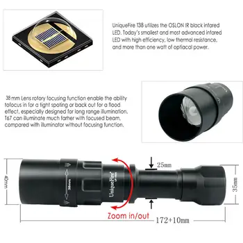 UniqueFire 1605 IS 940NM LED Lukturītis Zoom 38mm Conves Objektīvs Infrasarkano Gaismu Nakts Redzamības Lampas Uzlādējams Lāpu, Medībām