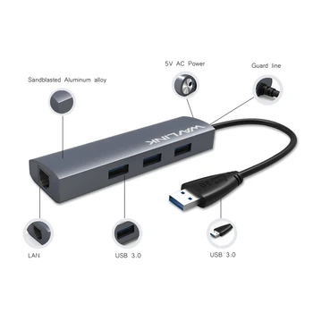 USB 3.0 Gigabit Ethernet Adapteris 3-Port USB 3.0 Hub Autobusu w/ RJ45 10/100/1000 Gigabit Ethernet LAN Ports Converter HUB Wavlink