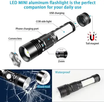 Uzlādējams LED Lukturītis 6 Režīmi Zoomable Magnētisko Lukturi Mobilie Elektroenerģijas Ultra Spožāko Rokas COB Darba Gaismas 2 pack