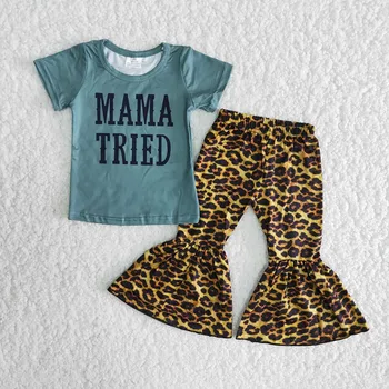 Vairumtirdzniecības Baby Meitenes Boutique Tērpi Bērniem Īsām Piedurknēm Zilā Mama Krekls Leopard Bell Dibenu Bikses Bērniem, Modes Komplekti