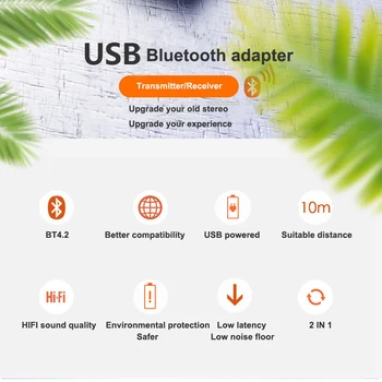 VAORLO Bluetooth Adapteri 2 IN 1 Bluetooth Uztvērēju, Raidītāju TV PC Bezvadu Stereo Audio, USB, 3,5 mm AUX Mini Dongle ar Auto