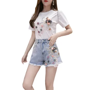 Vasaras Džinsi, Uzvalki Sieviete Jaunas Džinsa Šorti + T-krekls Divi Gabals, kas Sieviešu Dāma Izšuvumi 3D Ziedi Augsta Vidukļa Karstā Bikses
