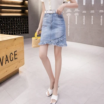Vasaras Korejas Sieviešu Džinsa Mini Svārki Ar Augstu Jostas Pakete Gūžas Kabatas Modes Pušķis Ar Elastīgu Jostu Kokvilnas Mujer 
