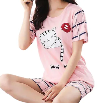 Vasarā Sievietēm Ērti Cute Pidžamas Komplekts Meitene Drukāt Pyjama Kopa ar Īsām Piedurknēm Sleepwear Uzvalks Mājas Drēbes par Meiteni, Komplekti
