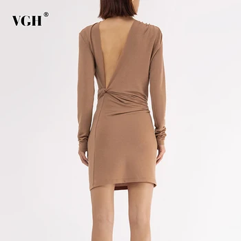 VGH Backless Slim Kleita Sievietēm O Apkakli, garām Piedurknēm, Augsta Vidukļa Mini Ruched Kleitas, Sieviešu 2020 rudens Modes Jauns Tide Drēbes