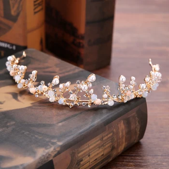 Vintage Roku Zelta Kronis Līgavas Galvassegu Pērle Rhinestone Kāzu Princess Crown Līgavas Matu Aksesuāri, Rotaslietas, Aksesuāri