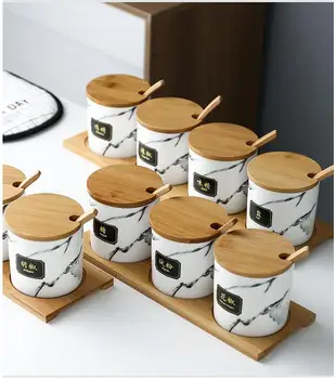 Virtuves Iekārta Garšvielas Jar Keramikas Garšvielu Trauciņu Komplekts Marmora Tekstūru Modelis Cruet Bambusa Paplātes Virtuves Piederumi