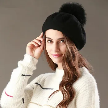 VISROVER jaunā berete, cepure, sieviešu ziemas adīti vilnas cepurīte viltus kažokādas pompom cepuri vienkrāsainu augstākās kvalitātes Sieviešu Boina Feminina