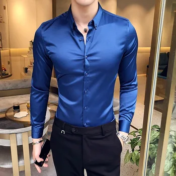 Vīriešu Krekls Augstas Kvalitātes garām piedurknēm Casual Slim Vīriešu tīrtoņa Krāsu Oficiālu Kreklu Apkakles Izšūšanas Biznesa Sociālo Apģērbi