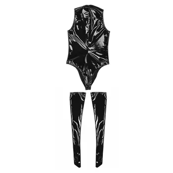 Vīriešu Sexy Leotard Bodysuit Ādas Wetlook Rāvējslēdzējs Ar 1 Pāris Anti-skid Lakādas Augšstilba Augstu Kājām Zeķes Clubwear