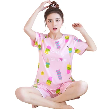 WAVMIT Jaunu 2020. Gada Vasaras Sieviešu Ērti Cute Pidžamas Komplekts Meitene Drukāt Pyjama Kopa ar Īsām Piedurknēm Sleepwear Tērps Sievietēm Nightshirt Komplekti