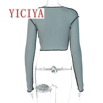 YICIYA Izdilis T-Krekls Pārsējs Karstā V Kakla Sievietēm Adīts Tops ar garām Piedurknēm Modes 2020. Gadam Raibs Crop Topi Bodycon Clubwear Puse