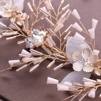Zelta Kristāla Pērlītes Galvas Auskari Uzstādīt Imitētu Pērļu Ziedu Tiaras Rotaslietas Komplekti, Kāzu Līgavas Matu Rotas Headpiece XH