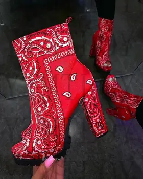 Ziemas Paisley Sieviešu Zābaki Modes Paisley Soma Smailu Purngalu Punk Augstas Plānas Papēžiem Pāri Celim, Gari Zābaki Rudens Zābaciņi