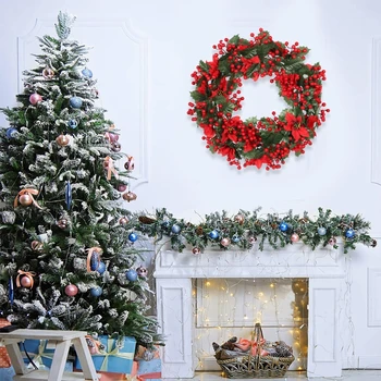 Ziemassvētku Vainagi, Dekorācijas, Vainags Rotājumu Mākslīgās Ziemassvētku Vainagus, Ar Zaļām Lapām, Sarkano Augļu Ķekars, Priecīgus Ziemassvētkus