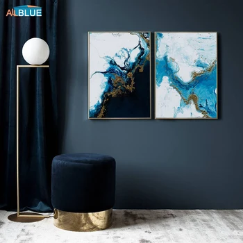 Zilā Zelta Audekla Gleznu Abstraktu, Mūsdienīga Sienas Māksla Ziemeļvalstu Plakātu Un Izdrukāt Sienas, Attēlus Dzīvojamā Istaba Minimālisma Mājas Dekoru