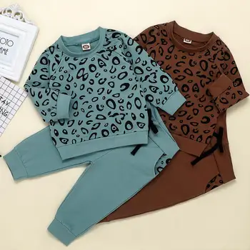 Zēnu Apģērbu Komplekti Bērnu Meitenes Leopards drukāt top+Cietā Bikses 2gab 2020. gada Pavasara Modes Komplekti Bērniem Drēbes, Uzvalki