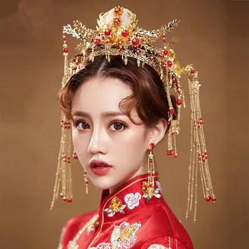 Ķīniešu Tradicionālā Zelta Kristāla Krelles Phoenix Coronet Tiaras un Vainagi, Piliens Auskari Rotu Komplekti Līgavu Līgava Kāzu